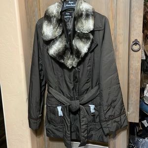 Brand New Dennis Basso jacket with removable fur accent - brown